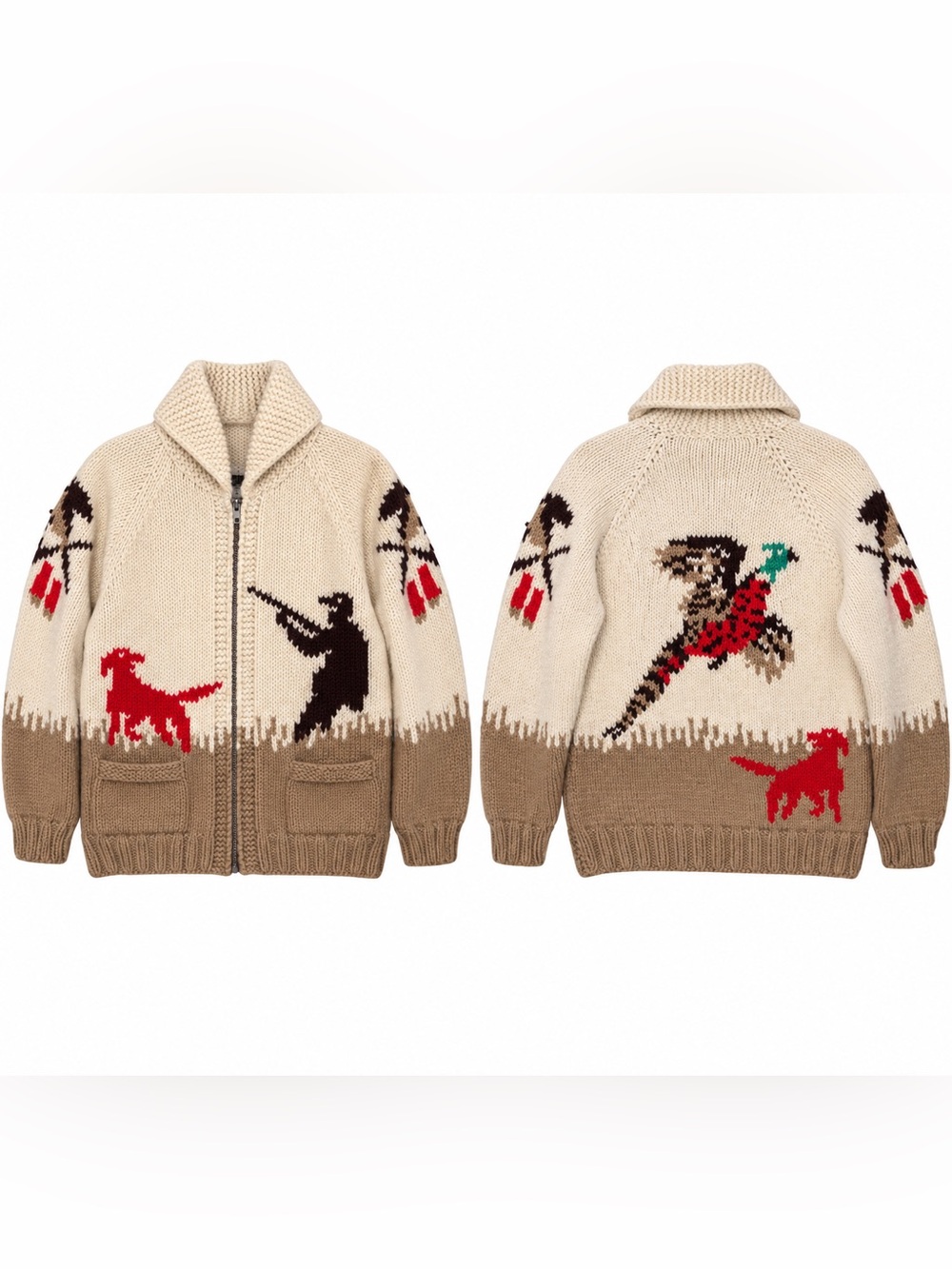 Vintage 1960s Cowichan Hunting Wool Hand Knit Shawl Collar Full Zip Sweater Men'